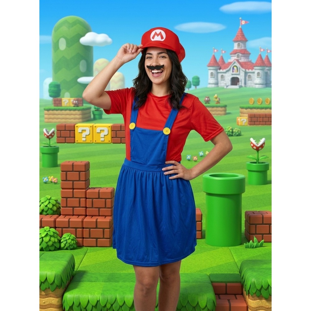 Super Mario Women Costume Set Red Blue Dress Hat Mustache Cosplay Halloween XL